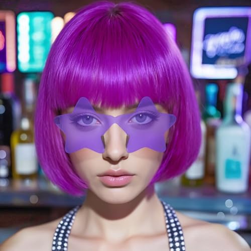 Image of ANOGOL Dark Purple Bob Wig with Bangs Purple Wigs for Women Colored Wigs | Hair Cap+Sunglasses Short Neon Wig for Bachelorette Party Funny Outfit for Women Halloween Costume Night Club Crazy Hair Day