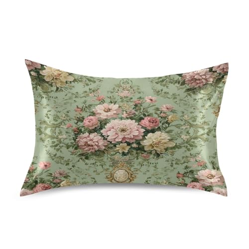 pnyoin Sweet Floral Green Background Satin Pillowcase,Similar to Silk Pillow