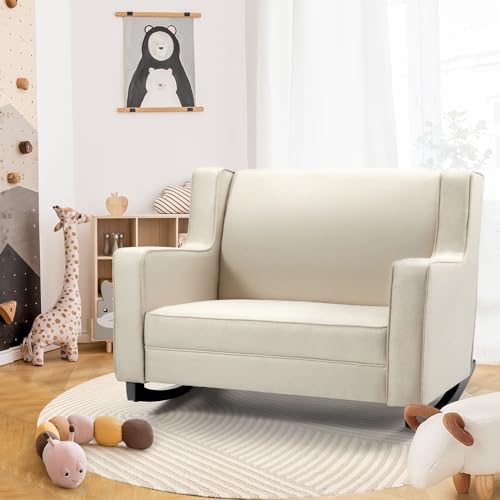 Image of Esright Nursey Rocking Chair, Extra Wide Wingback Tufted Upholstered Chair, Baby Rocker for Nursery Comfortable Relax Glider Chair and A Half, Cream Beige