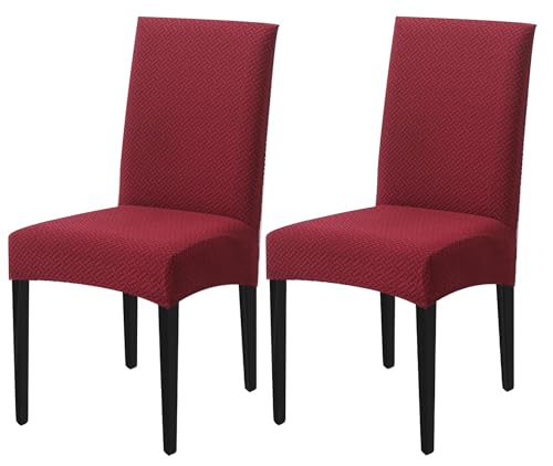 Image of House of Quirk Elastic Jacquard Chair Cover Stretch Removable Washable Short Dining Chair Cover Protector Seat Slipcover (Pack of 2, Maroon)