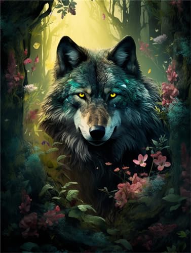 Broderie de perles loup portrait animalier haut de gamme toile 40x50 cm