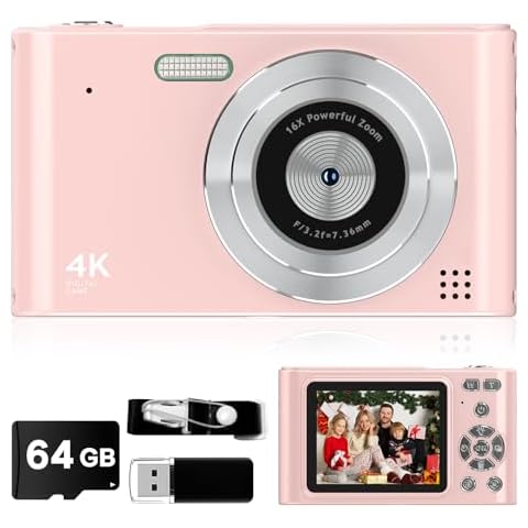 2025 Digital Camera, Kids Camera1080P, Vlog Camera with 64GB Card, Lanyard, 16X Zoom Anti Shake, Card Reader, 44MP Compact Portable Small Point Shoot Camera Gift for Kid Student Children Teen Girl Boy Cover