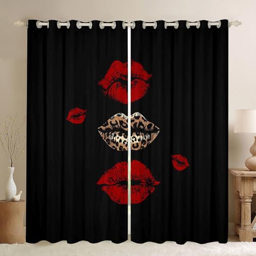 Homewish Cortinas de ventana con estampado de boca negra y roja de 167 x 228 cm, juego de 2 paneles, estampado de leopardo, sexy, románticas, cortinas opacas románticas para San Valentín Y2K, cortinas