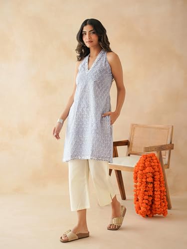 Image of GOODHAND Chic Cotton Halter Kurti with Timeless Block printsPerfect for Casual outings or Festive Flair-Where Traditional Charm Meets Modern Silhouette