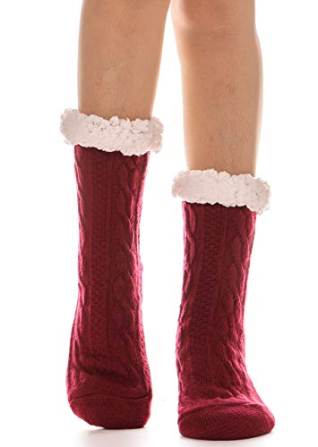 Womens Slipper Socks Plush Fuzzy Cabin Fleece Fluffy Cozy Stocking Stuffers with Gripper Winter Non Skid Huggle Socks(Red)