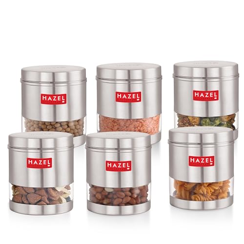 Image of HAZEL Transparent Kitchen Containers Set of 6 | 700ml Airtight Stainless Steel Transparent Storage Jars | Multipurpose Glossy Steel Organizer