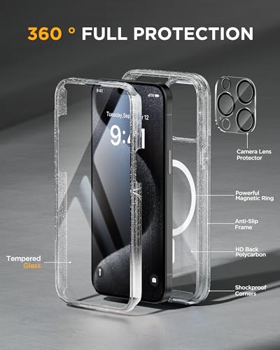 Image of Miracase Magnetic for iPhone 12 Pro Max Case [Compatible with MagSafe] Full-Body Phone case with Built-in Glass Screen Protector& Camera Protector, Military Drop Proof 12 Pro Max Cover, Clear Glitter