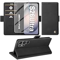 Giyer Handyhülle für Samsung Galaxy S26 Ultra Hülle mit Schutzfolie, Schutzhülle PU Leder Wallet Flip Case Standfunktion Kartenfach Stoßfest Klapphülle für Samsung S26 Ultra Cover Tasche (Schwarz)