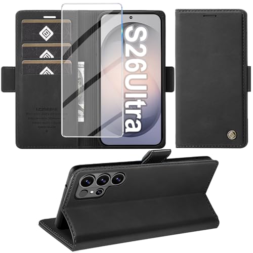 Giyer Handyhülle für Samsung Galaxy S26 Ultra Hülle mit Schutzfolie, Schutzhülle PU Leder Wallet Flip Case Standfunktion Kartenfach Stoßfest Klapphülle für Samsung S26 Ultra Cover Tasche (Schwarz)