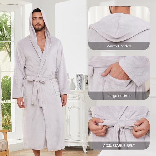 Image of Men's Hooded Robe, Soft Warm Fleece Long Bathrobe with Pockets