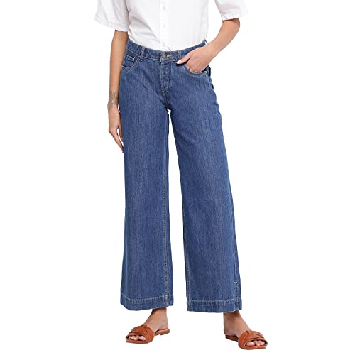 Image of Tales & Stories Women's Solid Dark Blue Cotton Ankle Length Flared Jeans-Y115110