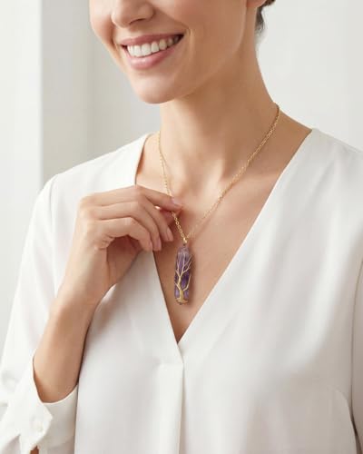 Image of Tree of Life - Amethyst Healing Crystal Chakra Necklace & Pendant, Reiki Spiritual Jewelry Gift for Women & Men, Positivity Energy Protection, Good Luck, Birthday Gifts for Women, Mom, Sister