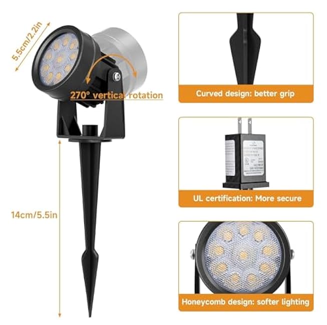 Warm White Spot Lights, Outdoor 3000K LED Spotlights, Outside Landscape Lighting IP65 Waterproof Garden Uplights for Lawn Front Porch Driveway Decorative, 2 Lights