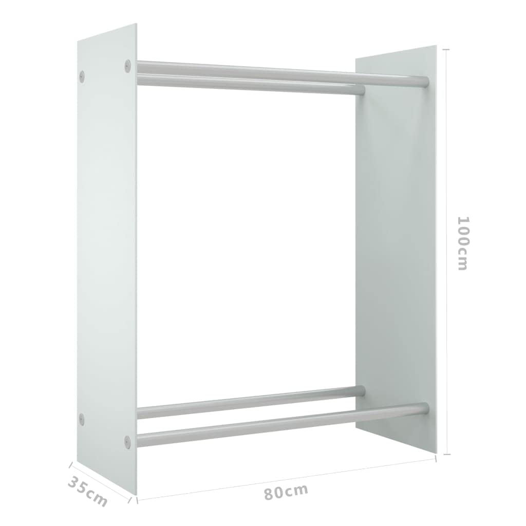Weißes Brennholzregal aus Hartglas und Stahl 80 x 35 x 100 cm für Kamin, Ofen und Wohnzimmer, Lagerung von Kaminholz, geordnete Aufbewahrung mit Wandhalterung