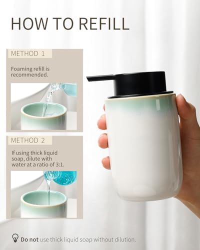 Image of BosilunLife Hand Soap Dispenser - Foam Soap Dispenser Bathroom Ceramic Dish Liquid Soap Dispenser for Kitchen, Bathroom Countertop Soap Dispensers (White with Blue-Green Rim Foam Pump)