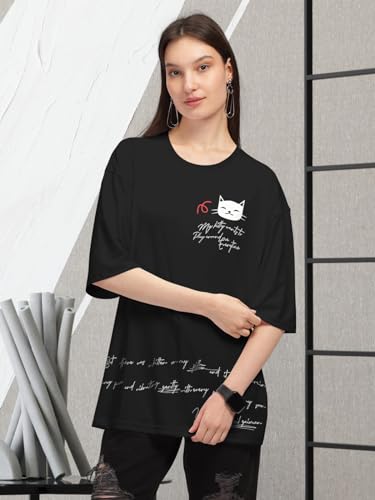 Image of HELLCAT Beige Trendy Printed Oversized T-Shirt for Women