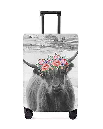 Travel Luggage Cover, Highland Cow With Wreath Spandex Elastic Suitcase Cover Protector, Washable Scratch-Resistant Suitcase Cover Fits 18-32 Inch Luggage #TOP5