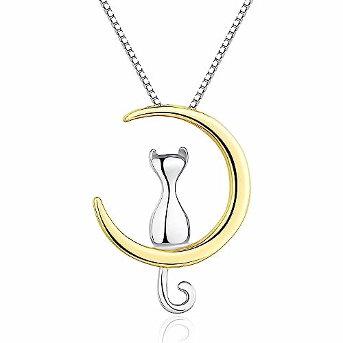 USTNIR Collana in Argento Sterling 925, Ciondolo Piccolo Gatto Sulla Luna, Collana Donna, Gioielli Donna, Regalo di Festa, Regali per Donne Amanti dei Gatto
