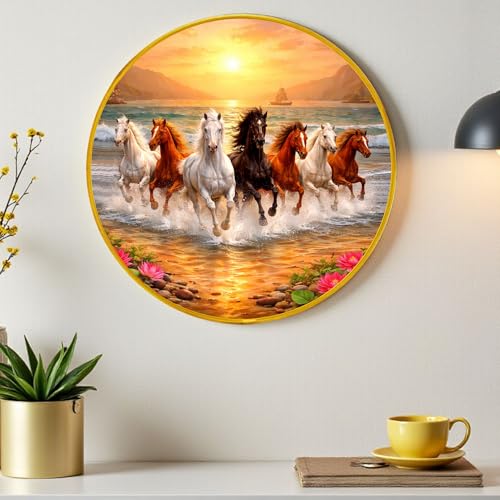 Image of 7 Running Horses in Water Round Wall Art Painting With Frame For Living Room| Vastu Prosperity Decor Framed Painting | Round Artistic Wall Hanging for Home, Office & Gifting, 12 Inch