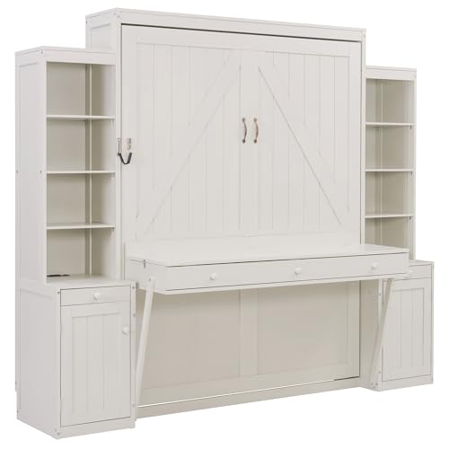 Image of Merax Queen Size Murphy Bed with Desk and Lights, Power Outlet, Foldable Murphy Cabinet Bed with Open Storage Shelves & Drawers, Wood Space-Saving Hidden Wall Bed for Guest Room Office, Antique White