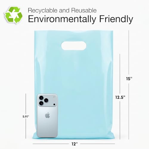 Image of 100 Pastel Teal Plastic Bags With Handles 9x12 Merchandise Bags