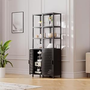 HITNET Bathroom Cabinet Freestanding Tall Slim Bamboo Storage Cabinet with Shelves and Door Space Saving Kitchen Cupboard Organizer Black