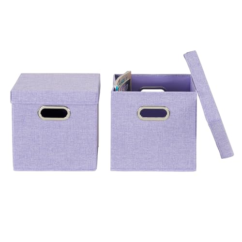 Image of Household Essentials 814-1 Cafe Cube Bin Storage Set with Lids and Handles | 2 Pack, Purple Linen