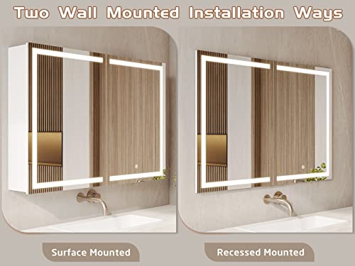 Dictac Lighted Medicine Cabinets With Double Mirror Doors And 2 Outlets 31.5''X23.6''Wall Mounted Bathroom Mirror With Storage And Led Lights Metal Wall Storage Organizer With Adjustable Shelves,White #TOP6