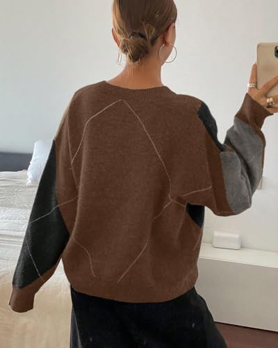 chouyatou Women's 2025 Fall V-Neck Argyle Sweaters Pullover Oversized Chunky Knit Casual Sweater Top2