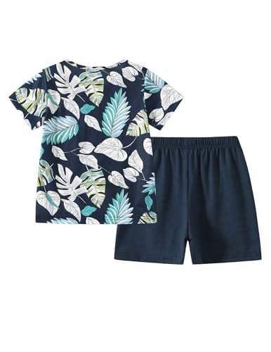 Image of Boy Shorts Sets Summer Hawaii Outfit Palm Print Short Sleeve T-Shirt and Drawstring Cotton Shorts with Pockets