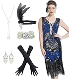 Women's 1920s Flapper Fringe Beaded Great Gatsby Party Dress with Costume Set (Medium, Style04-Black&Blue)