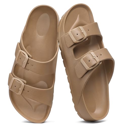 shevalues Women's Comfort Sandals with Medium Arch Support Double Buckle Adjustable EVA Slides for Summer Beach, Brown 39(Size 8-8.5)