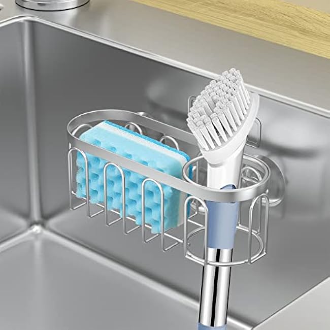 Yazoni 2-in-1 Sponge Holder for Kitchen Sink, Suction Cup Kitchen Caddy, No Drill Rustproof Sink Organizer for Place Dishwashing Brush Soap and Sponge (Silver)