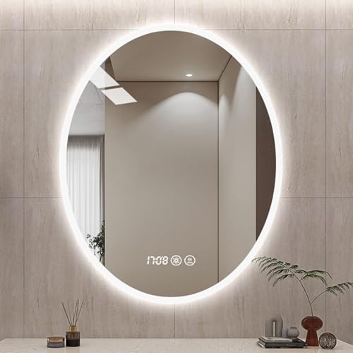 HJXGQJM Espejo De Baño LED Ovalado 50 * 70 CM, Espejo Baño LED Pared con Interruptor Táctil, Temperatura De Color Ajustable, Luz Antiniebla, Espejo De Pared Baño,Indicación De La Hora(50x70cm)