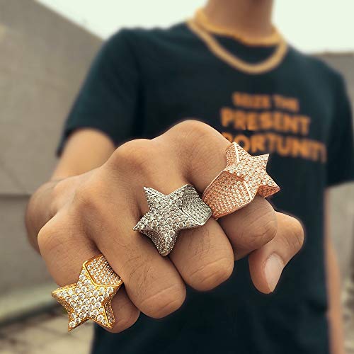 Iced Out Star Pinky Ring-18K Golden or White Golden Plated Hip Hop 5A+ Simulated Diamond Ring for Men Women-Size 7,8,9,104