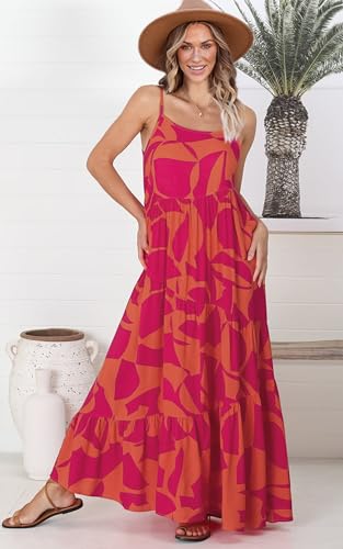 Image of ECOWISH Women Sleeveless Maxi Dress: Summer Spaghetti Strap Casual Loose Boho Beach Dress Asymmetric Tiered Flowy Long Dress