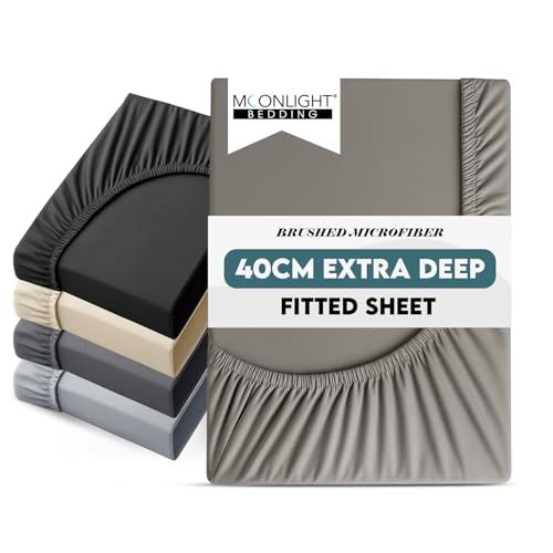 Moonlight Bedding Double Fitted Sheet 40 Cm Extra Deep Pocket Grey Bed Sheets 16 inch Ultra Soft Bottom Sheet Brushed Microfiber Breathable Shrinkage and Fade Resistant