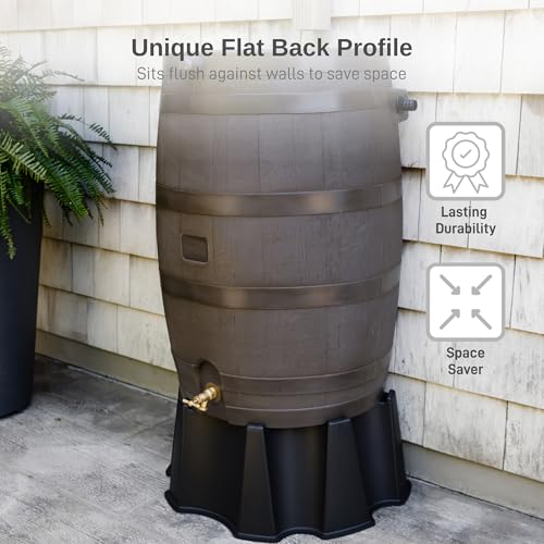 50-Gallon Rain Barrel with Brass Spigot, Flat Back Rain Water Collection Barrel, Walnut Color