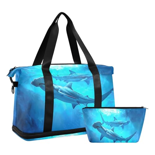 ALAZA Sharks Underwater Travel Duffel Bag for Women Men Sports Gym Bag with Shoe Compartment Tote Weekender Overnight Bag with Wet Pocket for Travel, Gym,Yoga,Swimming