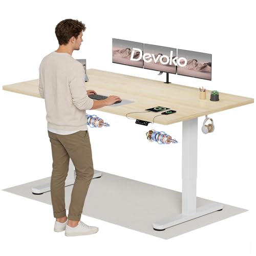 Devoko Höhenverstellbarer Schreibtisch mit 2 Motoren，25mm Einteilige Tischplatte, 180x80 cm Elektrisch Computertisch mit Kabel Management, Eiche - Perfekte Ergonomie für Dein Büro