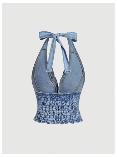 MakeMeChic Women's Shirred Denim Vest Tops Tie Backless Slim Fit Halter Crop Top2
