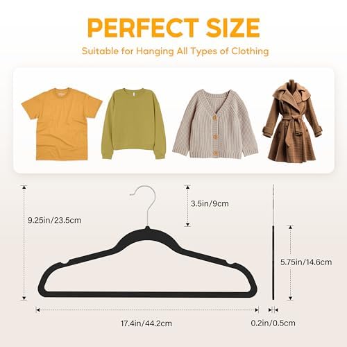 HealSmart 30 Pack Velvet Hangers, Non-Slip Flocked Felt Hangers with Shoulder Notches, Heavy Duty Clothes Hangers for Coats, Pants and Dress Clothes, Black