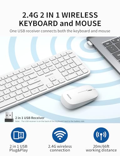 Image of Philips Wireless Keyboard and Mouse Combo,2.4G 2 in 1 Receiver Cordless Full Size Keyboard and Mice,Ultra Slim and Quiet Keyboard & Ergonomic Mice for Windows XP /7 /8 /10,Mac OS X10.4 or Higher-White