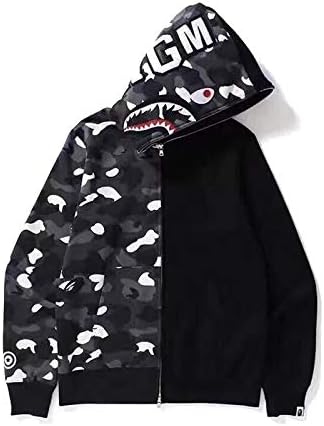 EXXE&OYYO Men's Shark Hoodie,Cotton Material Shark Jaw Jacket Ape Camo ​Full Zip Jacket Up