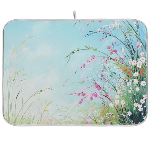 Tatenale Dish Drying Mat for Kitchen Counter Kitchen Drying Mat Dish Rack Mat Dish Dryer Drainer Pad Microfiber Absorbent Washable Drying Pad for Countertop 18x24 Spring Floral Grass