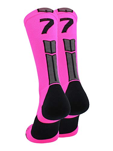 MadSportsStuff Neon Pink and Black Player ID Custom Number Crew Socks for Basketball Lacrosse Volleyball Boys and Girls