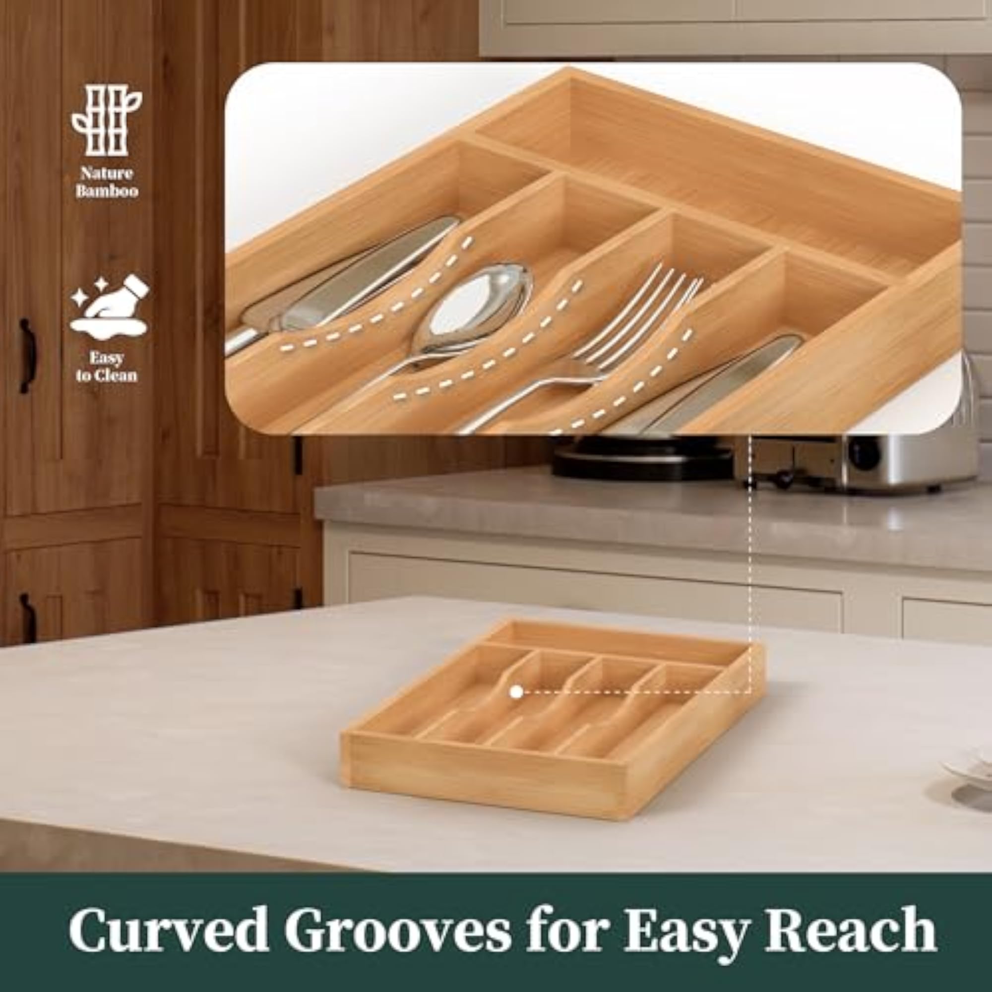 Bamboo Kitchen Drawer Organizer, Cutlery Tray & Utensil Holder