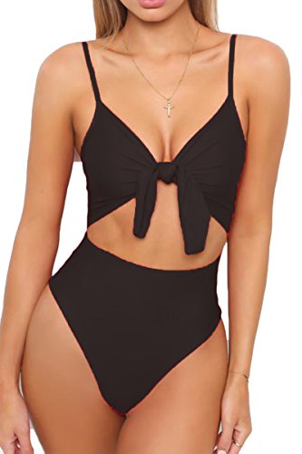 LEISUP Womens Sexy Self Tie Hollow Out High Waist One Piece Swimsuit Beachwear Black L