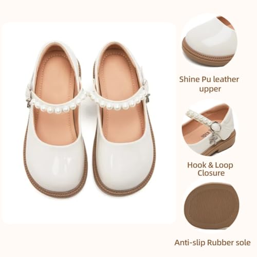 Little Girls Mary Jane Ballerina Ballet Flats for School Wedding Party - Pearl Strap Toddler Flower Girl Dress Shoes3