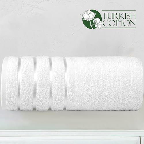Image of Elegant Comfort 100% Turkish Cotton 4 Lines Viscose Stripe Jumbo Bath Towel - Hotel Spa Quality Extra Large 35 x 70 Inch Bath Towel Ultra Soft, Super Absorbent Quick Dry Large Bath Towel, White